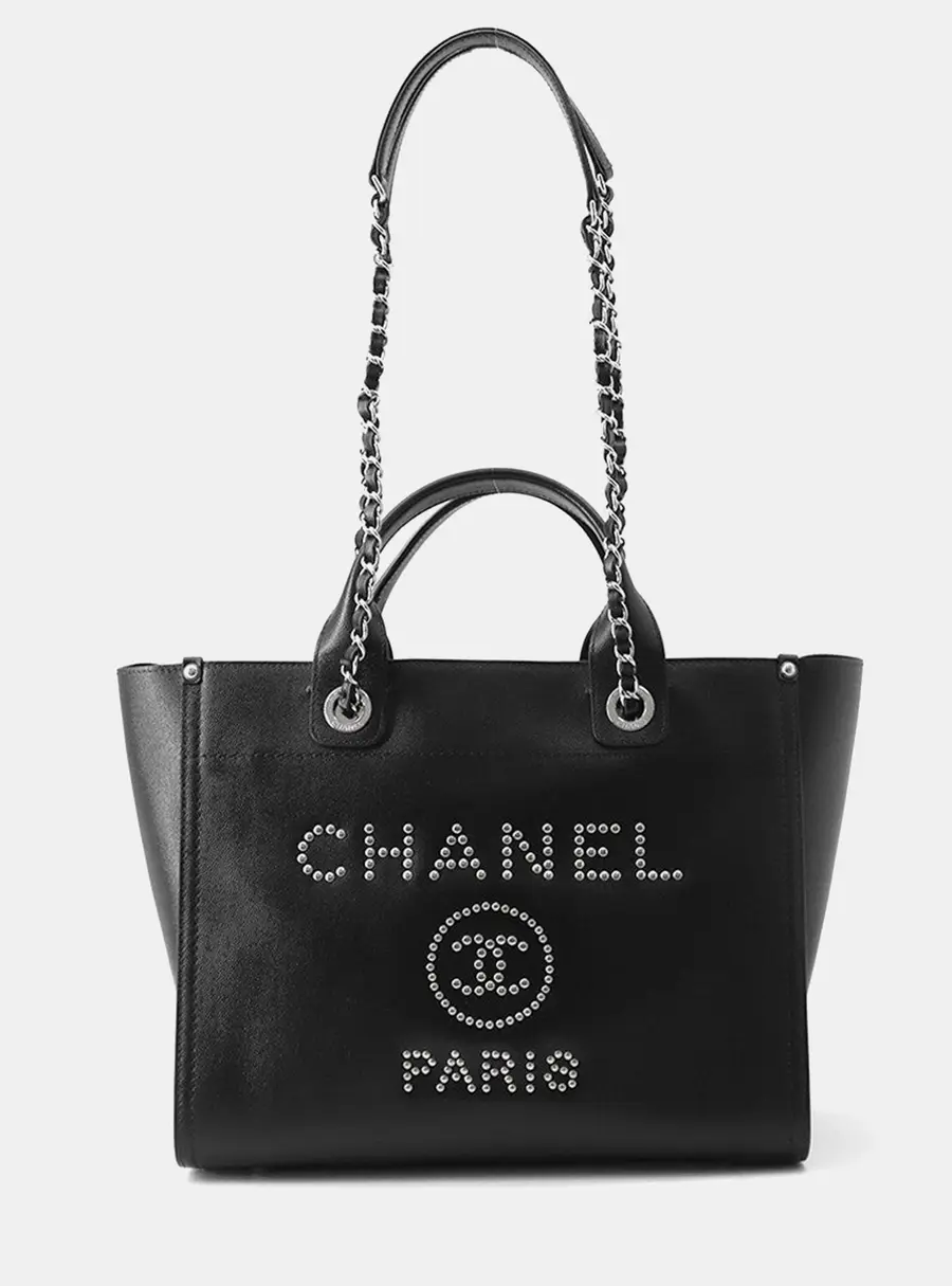 Chanel Deauville Studded 2Way Chain Tote Black Caviar Leather