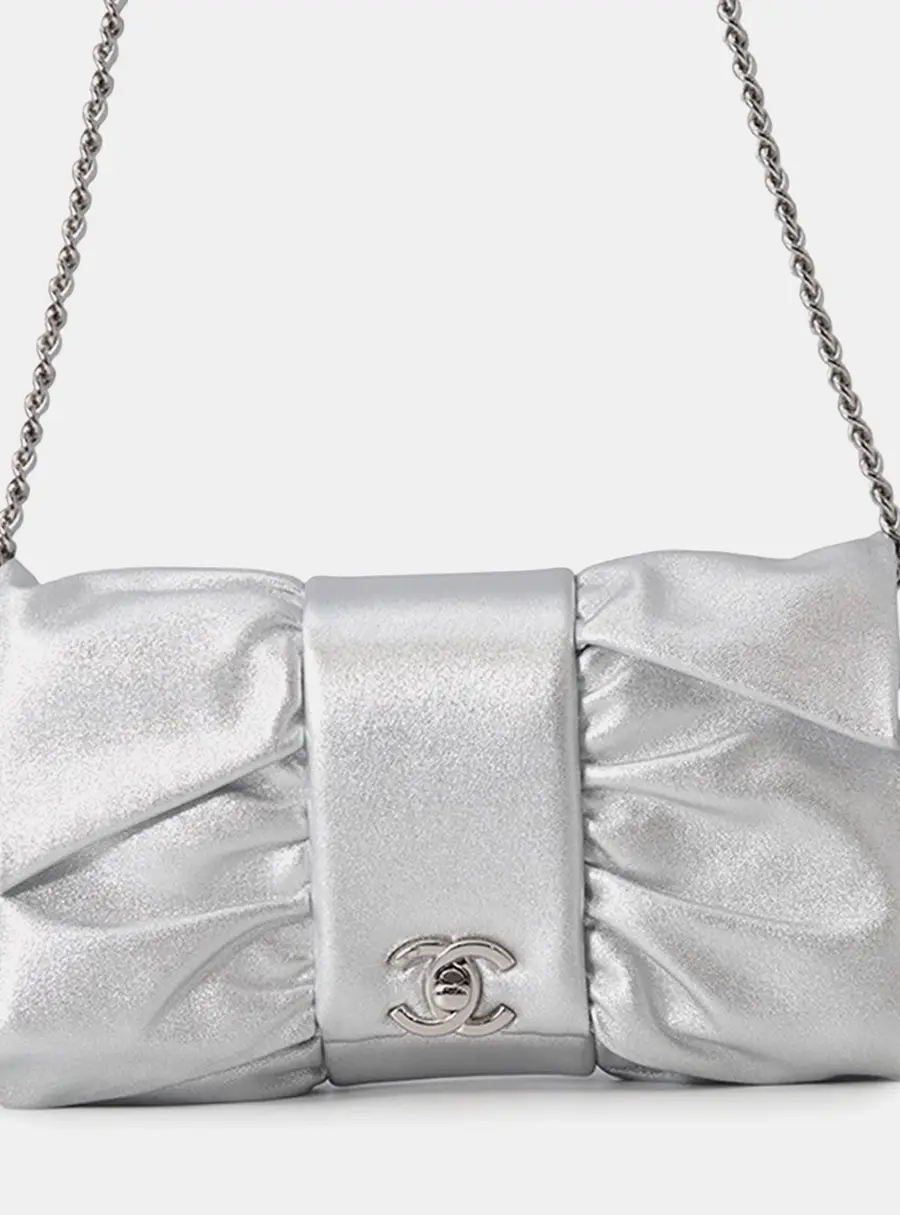 Chanel Ribbon Chain Shoulder Bag Silver Leather