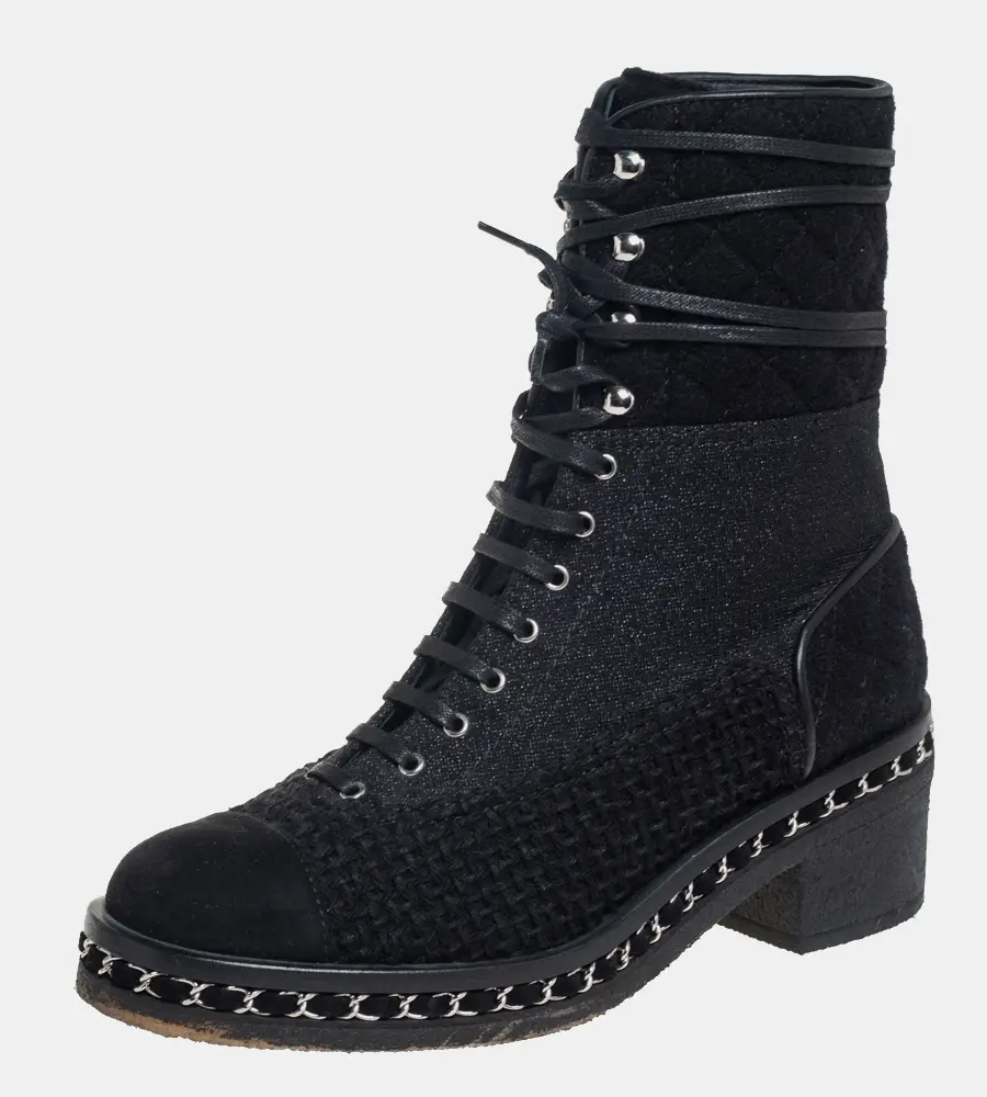 Chanel Black Tweed And Suede  Combat Boots Size 39