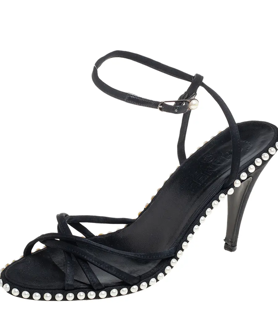 Chanel Black Satin Pearl Embellished Ankle Wrap Sandals Size 39.5