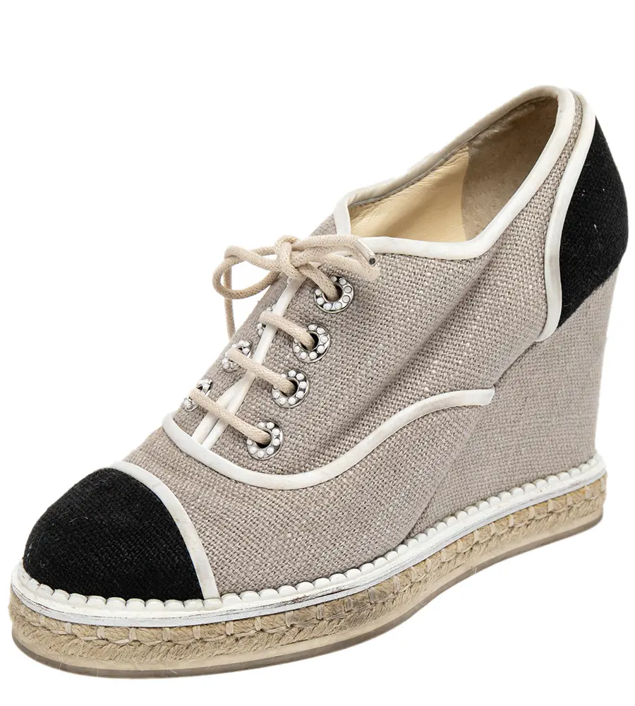 Chanel Beige/Black Jute CC Wedge Sneakers Size 38