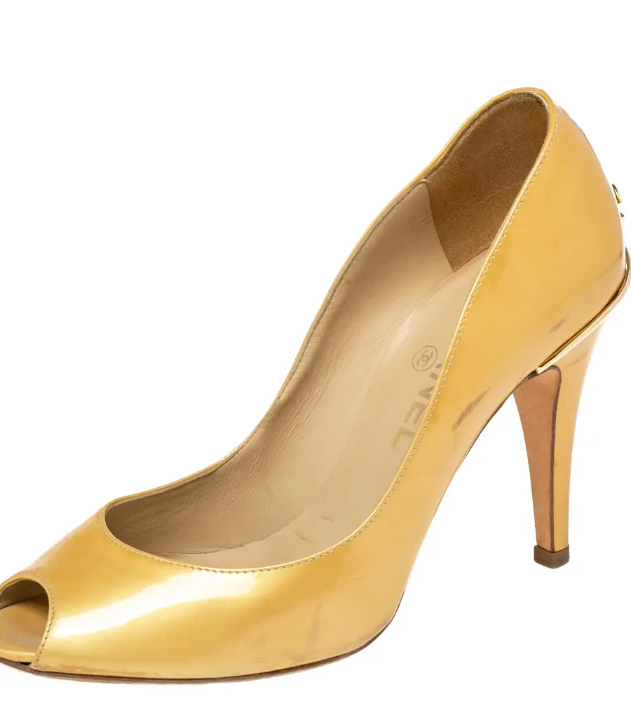 Chanel Gold Patent Leather CC Peep Toe Pumps Size 36.5