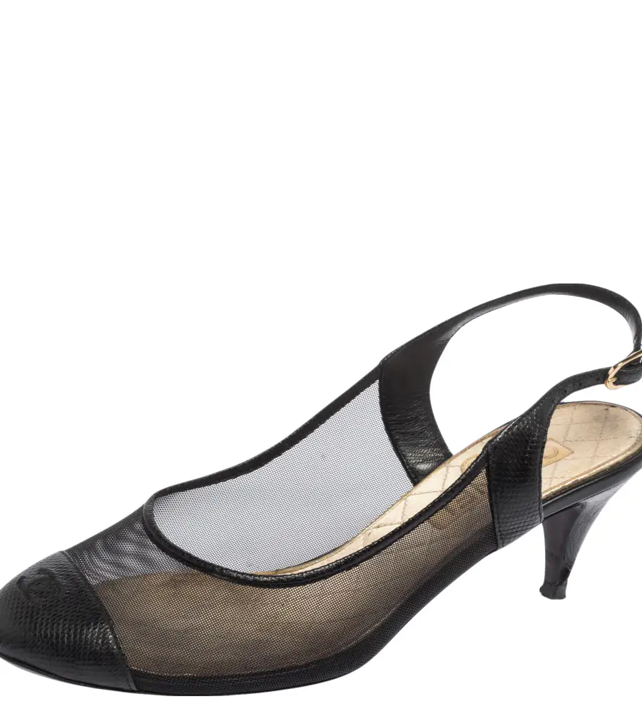Chanel Black Mesh And and Lizard CC Cap Toe Slingback Sandals Size 36.5