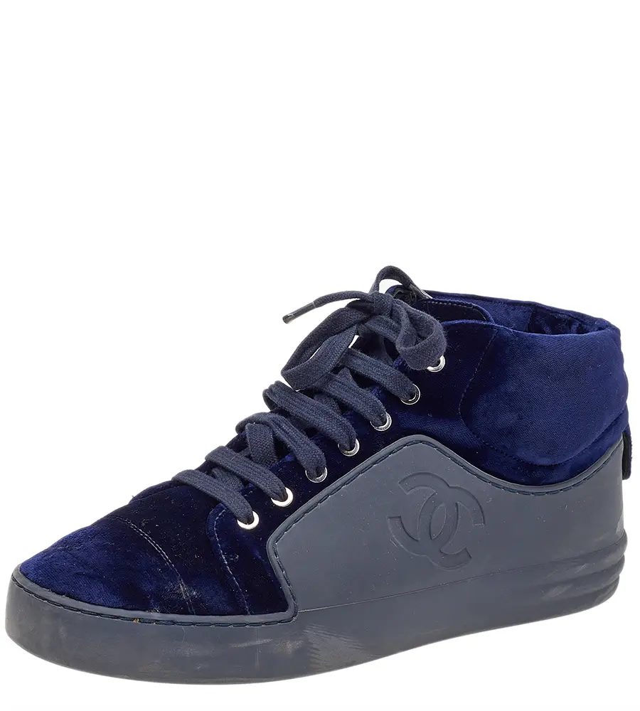 Chanel Navy Blue Velvet And Rubber CC High Top Sneakers Size 37.5