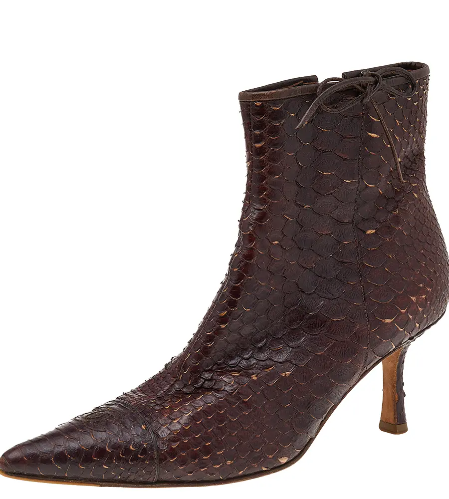 Chanel Dark Brown Python Leather Pointed Toe Ankle Length Boots Size 38.5