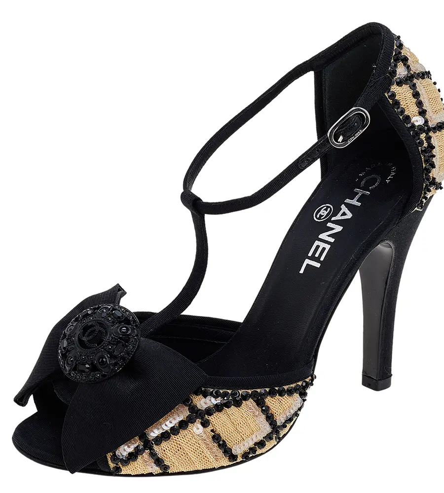 Chanel Beige/Black Mesh And Fabric Ankle Strap Sandals Size 38
