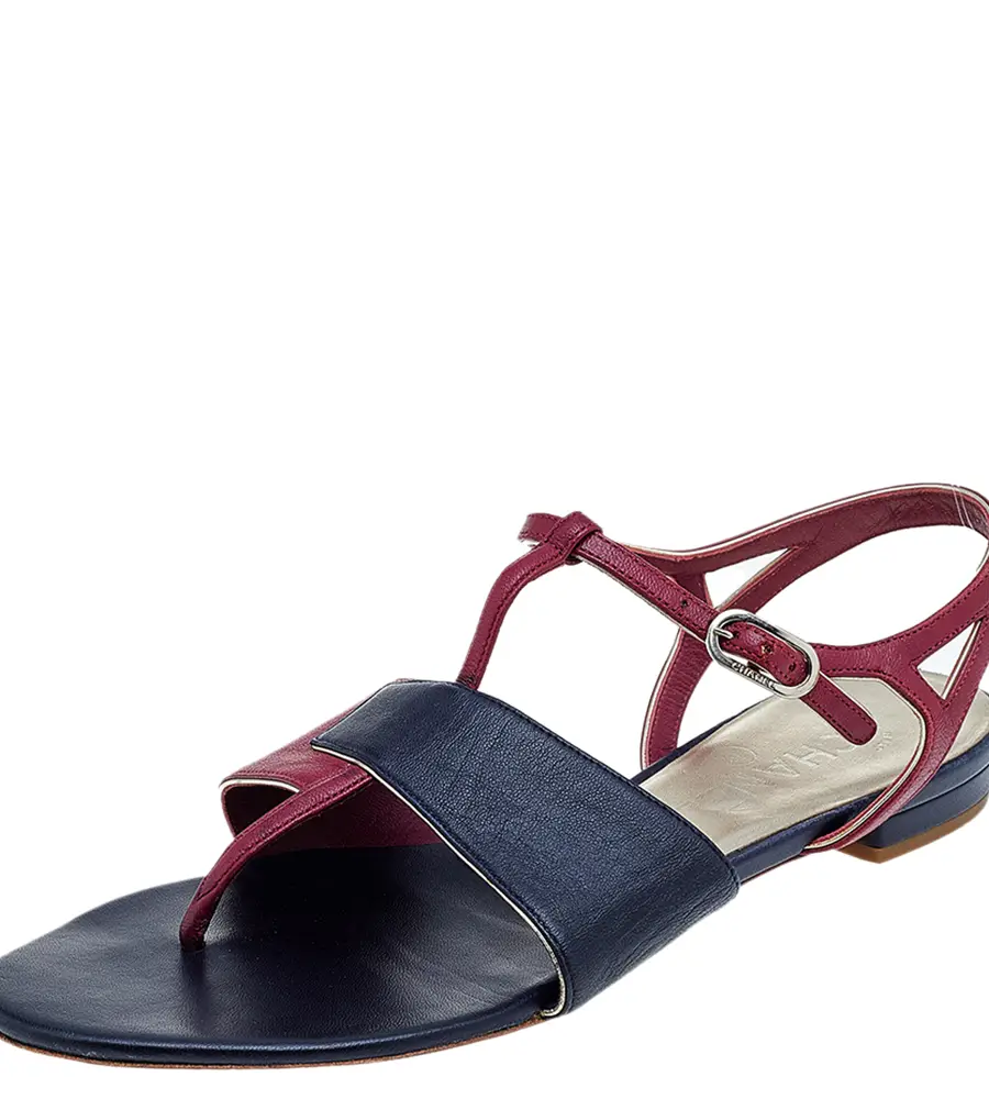 Chanel Burgundy/Black Leather CC T-Strap Sandals Size 39.5