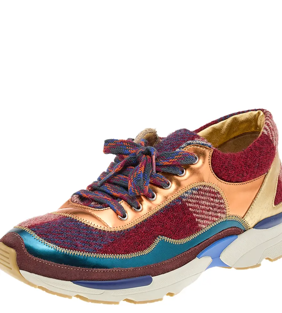 Chanel Multicolor Patent Leather And Tweed CC Low Top Sneakers Size 38.5