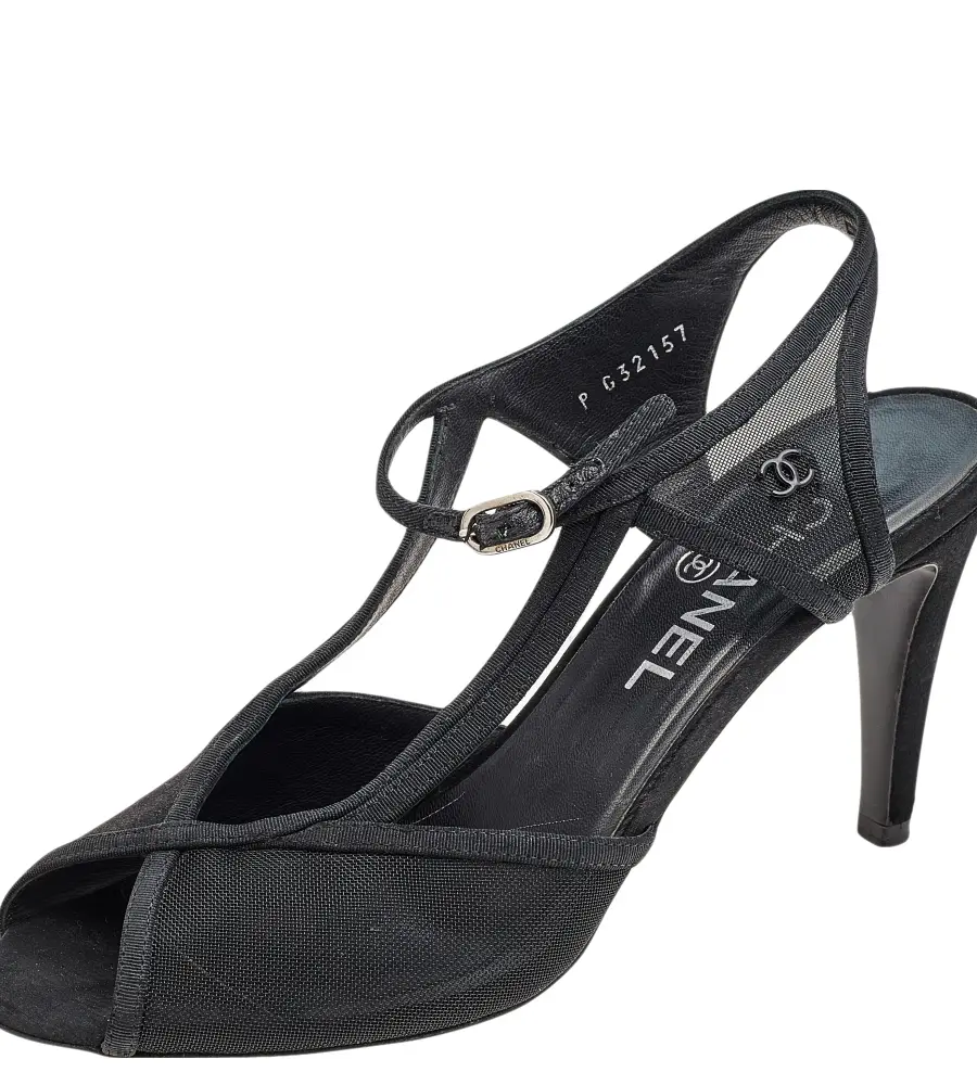 Chanel Black Mesh And Satin CC Ankle Strap Sandals Size 37.5