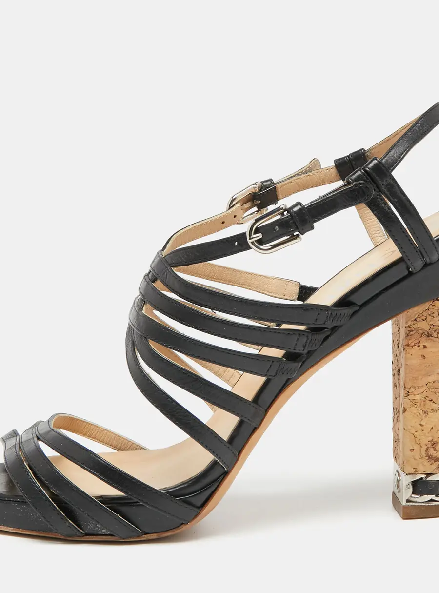 Chanel Black Leather Cork Heel Strappy Sandals Size 40.5