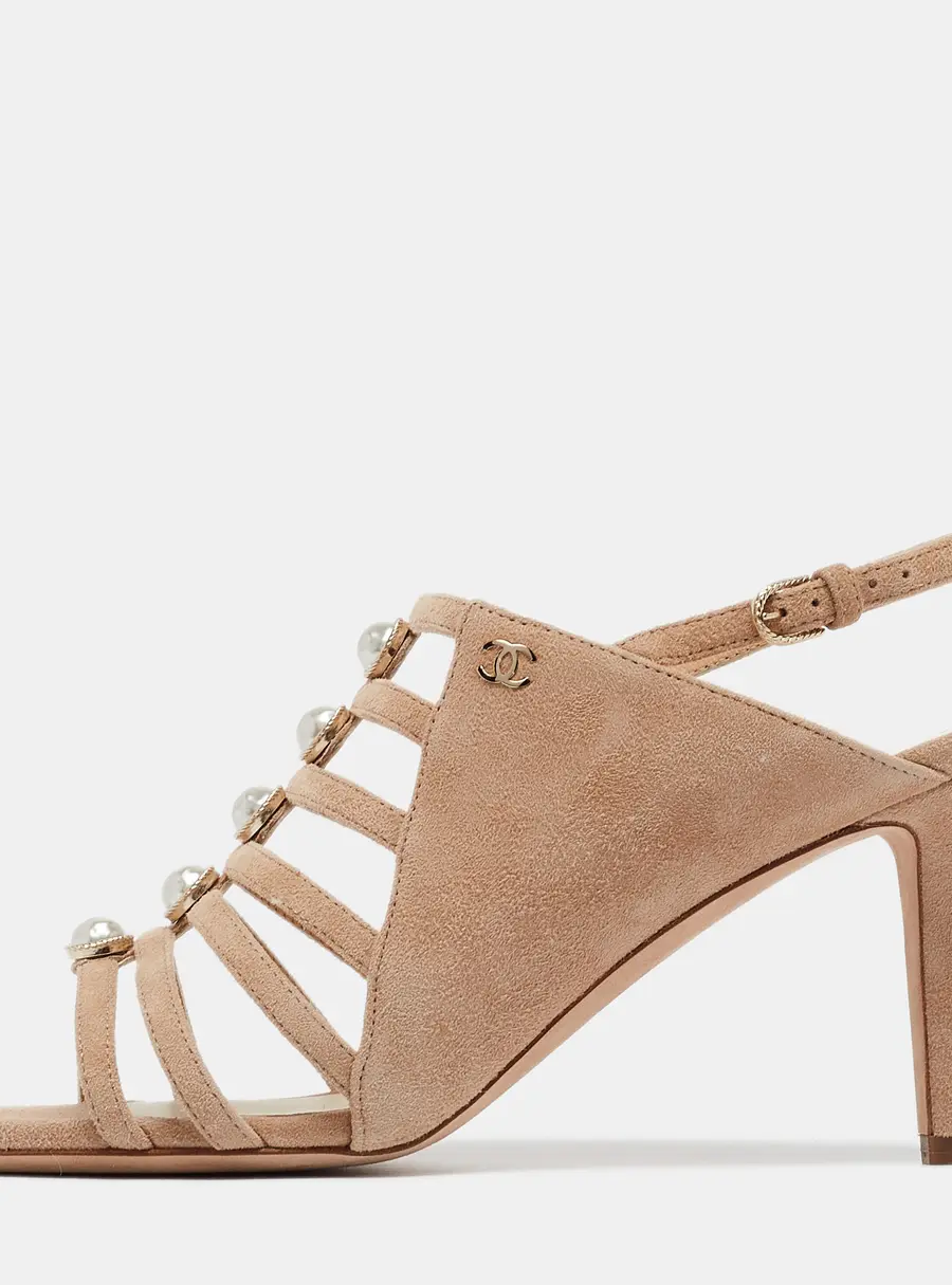 Chanel Beige Suede  Pearl Slingback Sandals Size 37.5