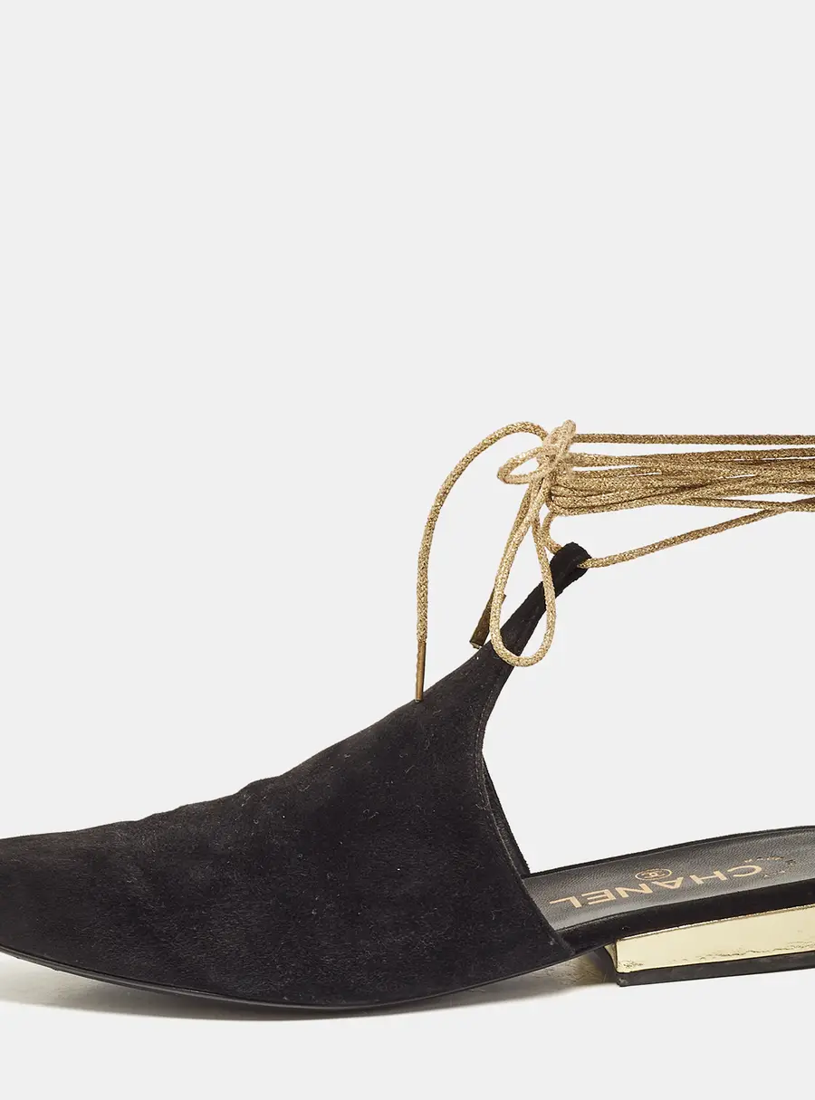 Chanel Black Suede Ankle Wrap Flat Mules Size 39