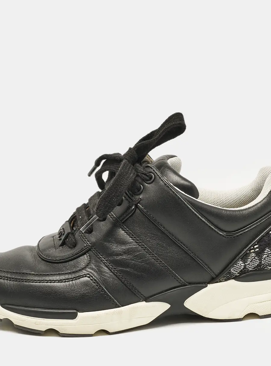 Chanel Black Leather Lace Up Sneakers Size 37.5
