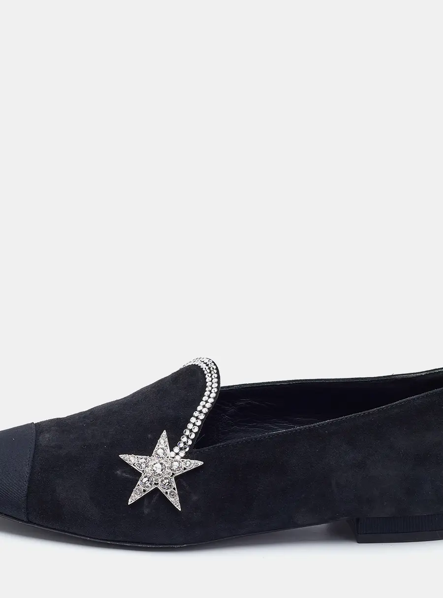 Chanel Black Canvas and Suede Star and Crystal Embellished Ballet Flats Size 36.5
