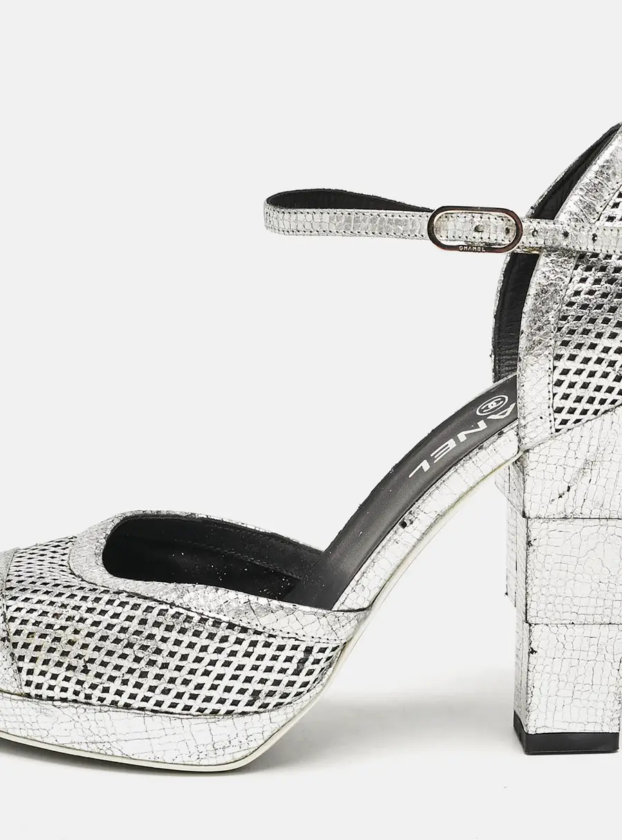 Chanel Silver Laser Cut Leather CC Platform Ankle Strap Pumps Size 38.5
