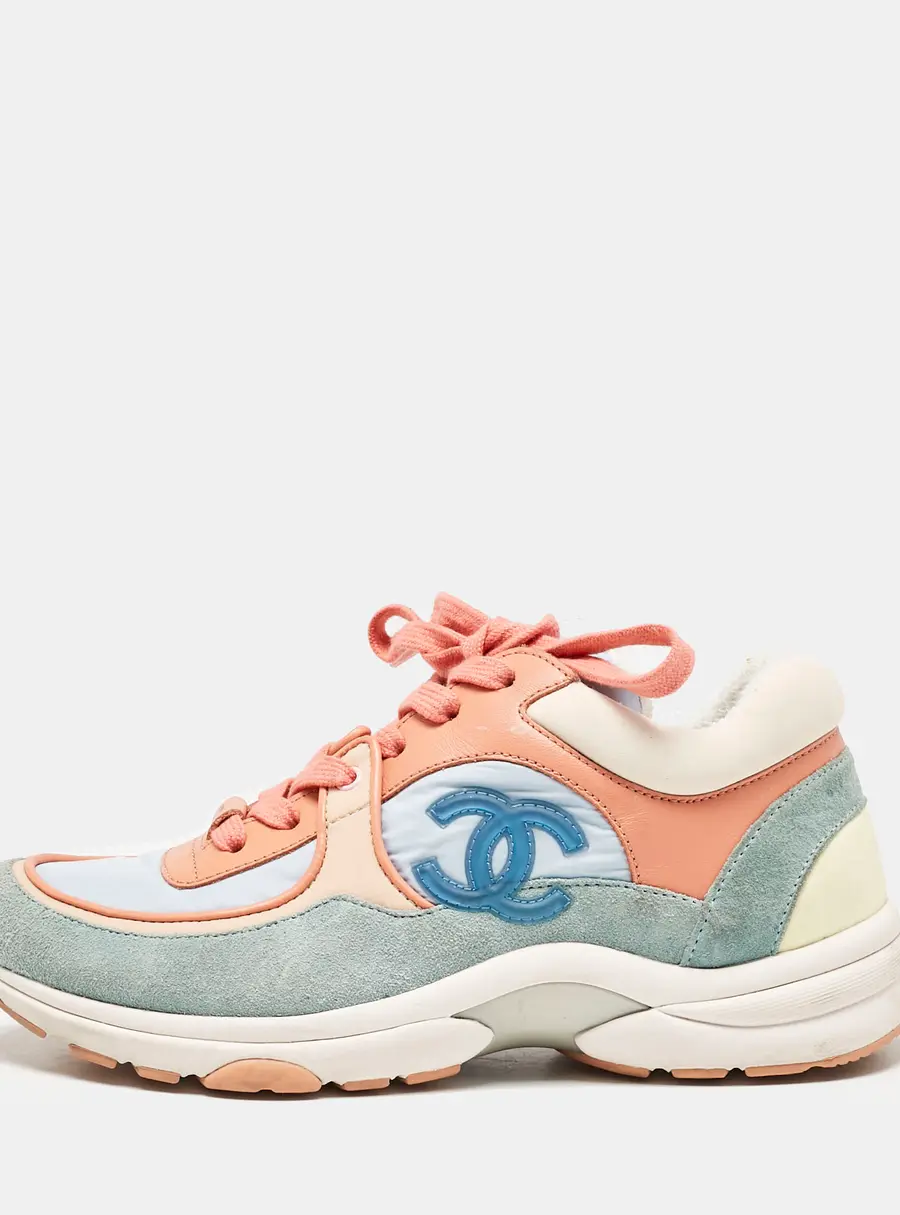 Chanel Multicolor Nylon And Leather CC Logo Lace Up Sneakers Size 35