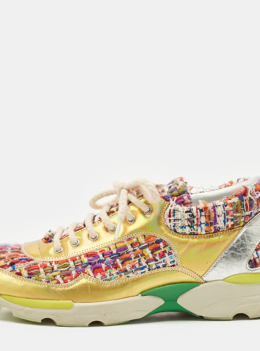 Chanel Multicolor Tweed and Leather Low Top Sneakers Size 38
