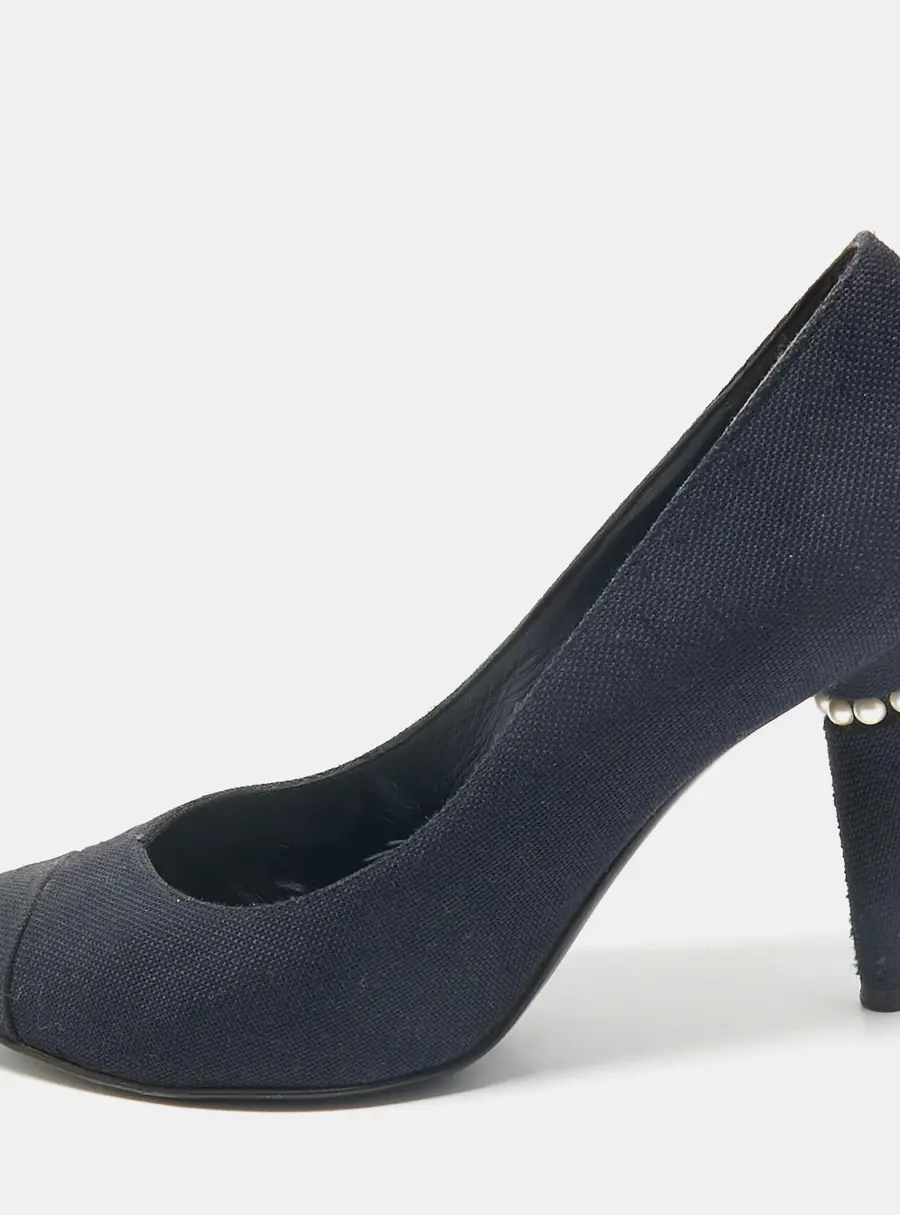 Chanel Navy Blue Canvas Embellished Pointed Toe Pumps Size 38
