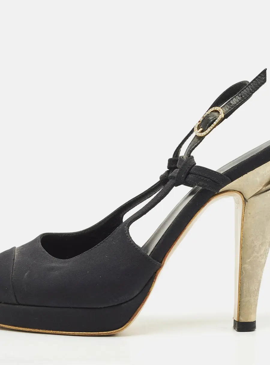 Chanel Black Canvas CC Cap Toe Slingback Pumps Size 37