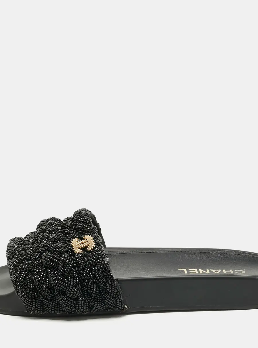Chanel Black Leather and Pearls CC Pool Slides Size 42