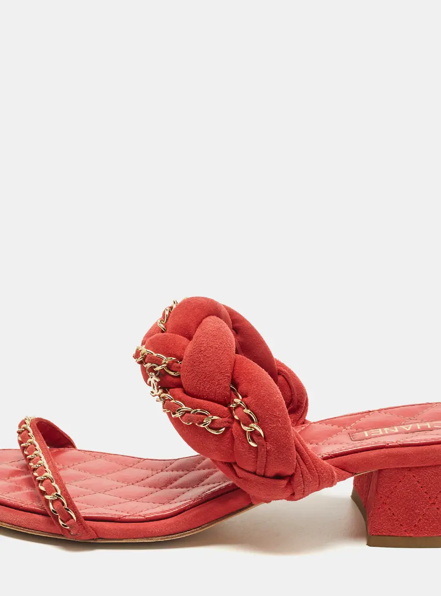 Chanel Size 40 Red Suede Chain Embellished Slide Sandals