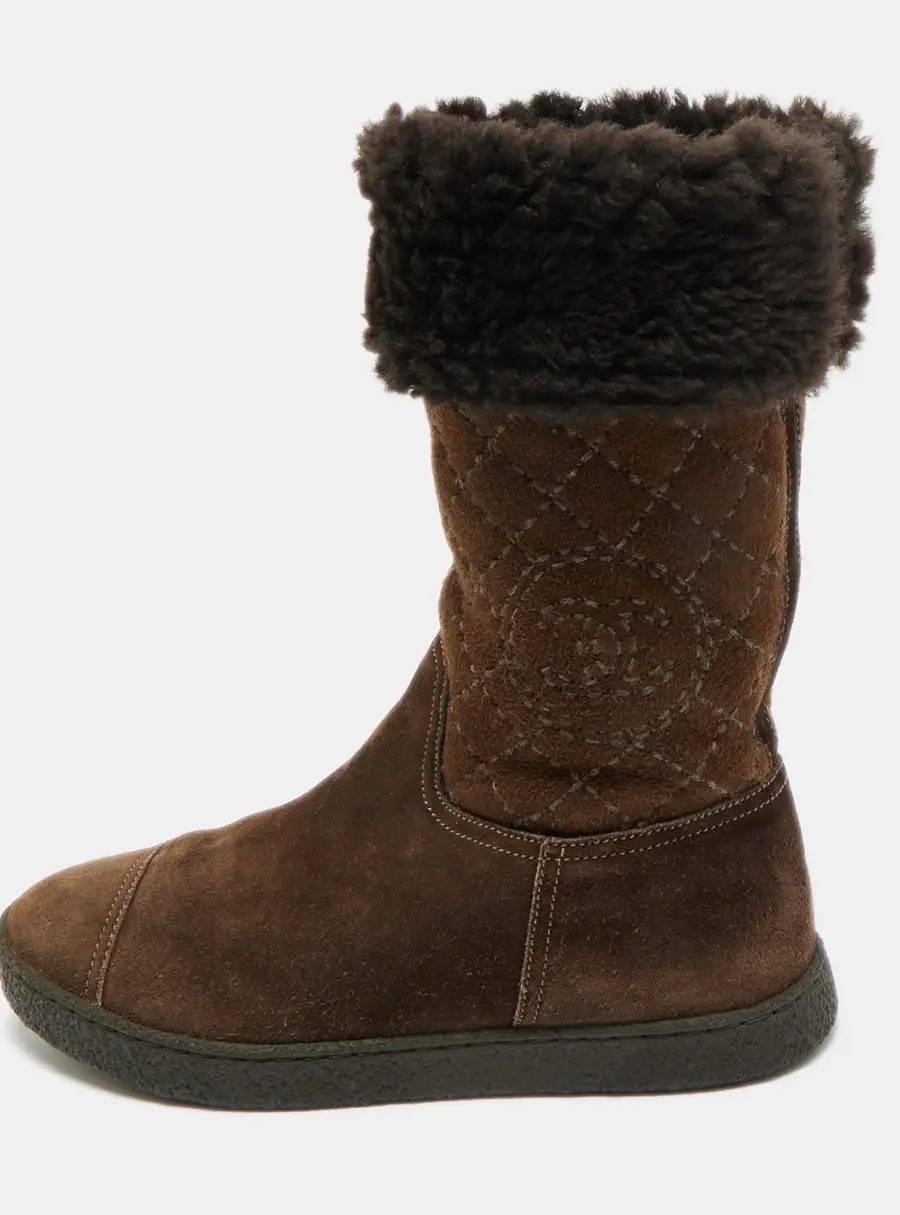 Chanel Size 36.5 Brown Quilted Suede Mid Calf Boots