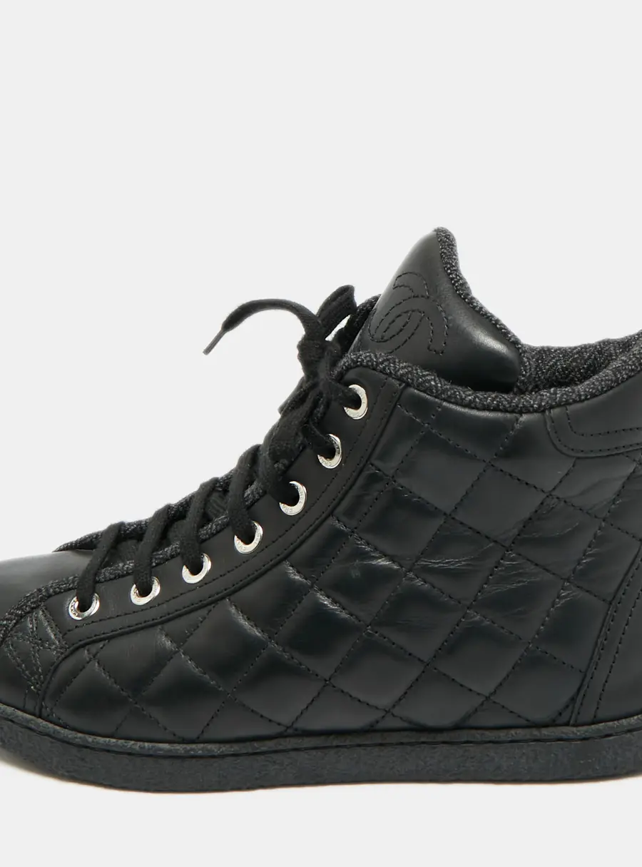 Chanel Size 35.5 Black Leather Lace Up Sneakers
