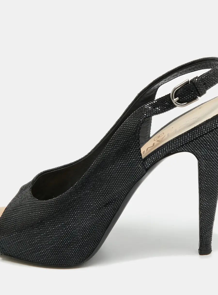 Chanel CC Size 40.5 Black Texture Suede Open Toe Slingback Pumps