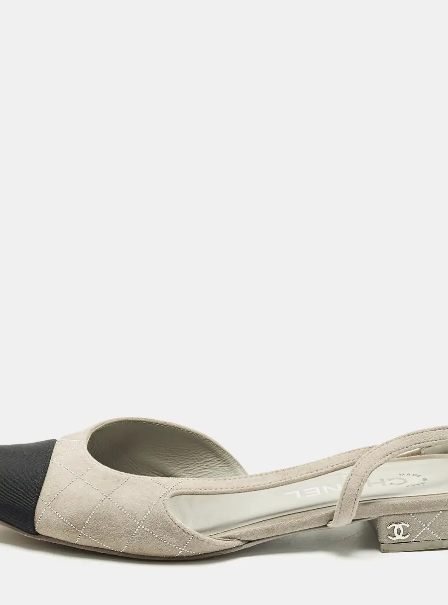 Chanel CC Size 39 Grey/Black Canvas and Suede Slingback Flats