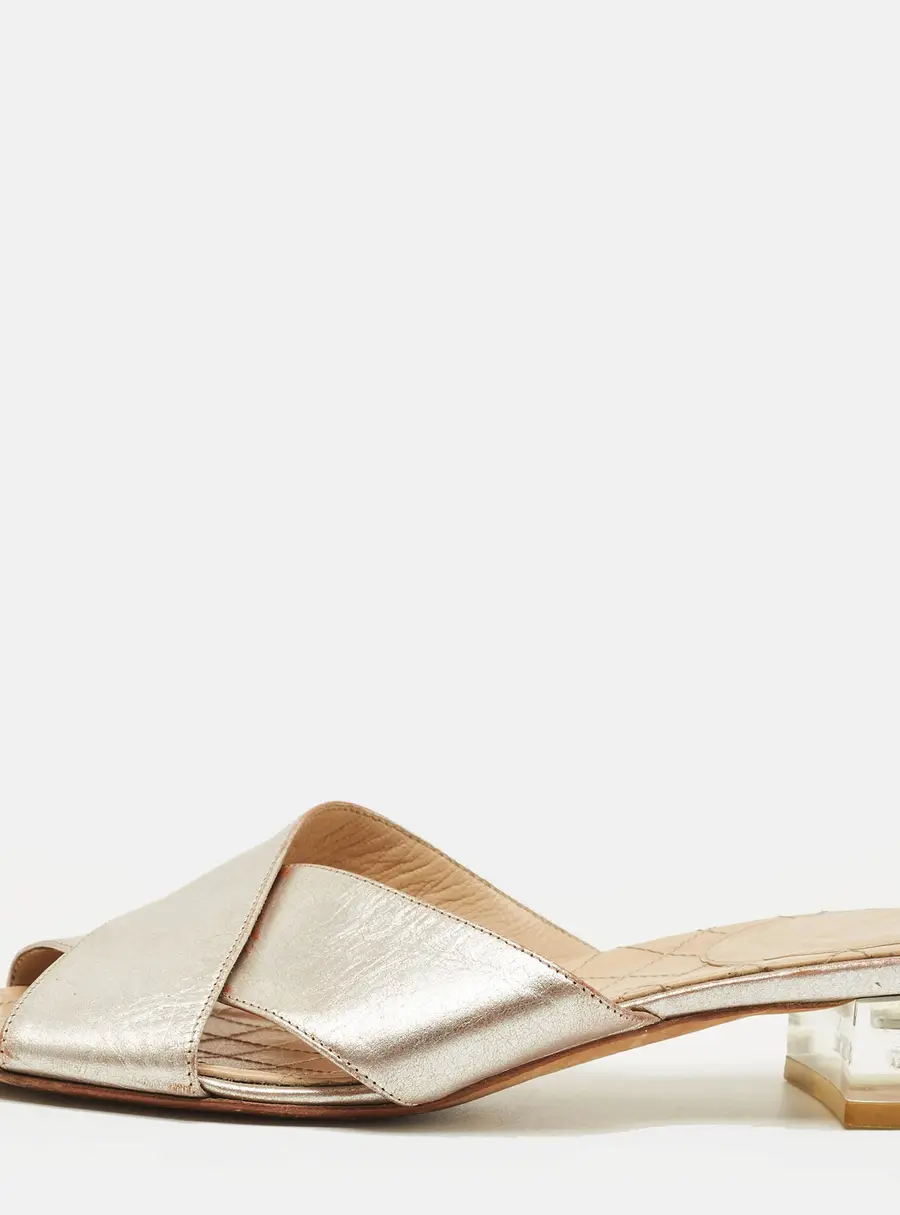 Chanel Size 36.5 Silver Leather Criss Cross Flat Slides