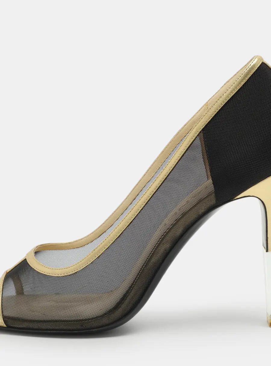 Chanel CC Size 37.5 Black/Gold Leather and Mesh Peep Toe Pumps