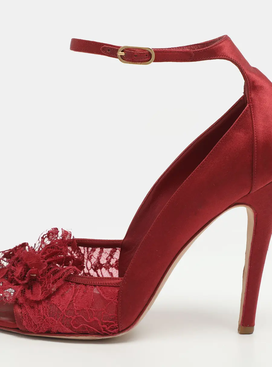 Chanel CC Size 40 Red Lace and Satin Peep Toe Ankle Strap Pumps