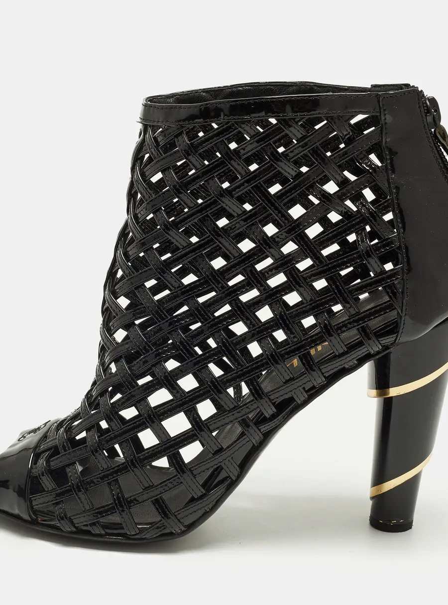 Chanel Size 42 Black Patent Leather Cage Ankle Length Boots