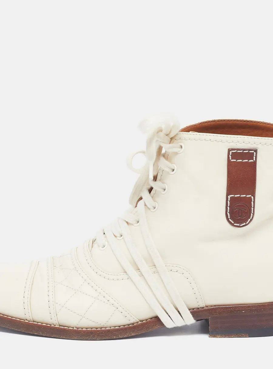Chanel Size 38 Cream Quilted Leather Ankle Length Boots