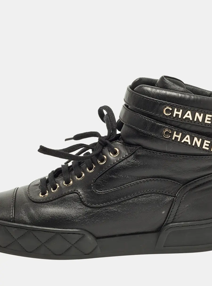 Chanel CC Size 38.5 Black Leather High Top Sneakers