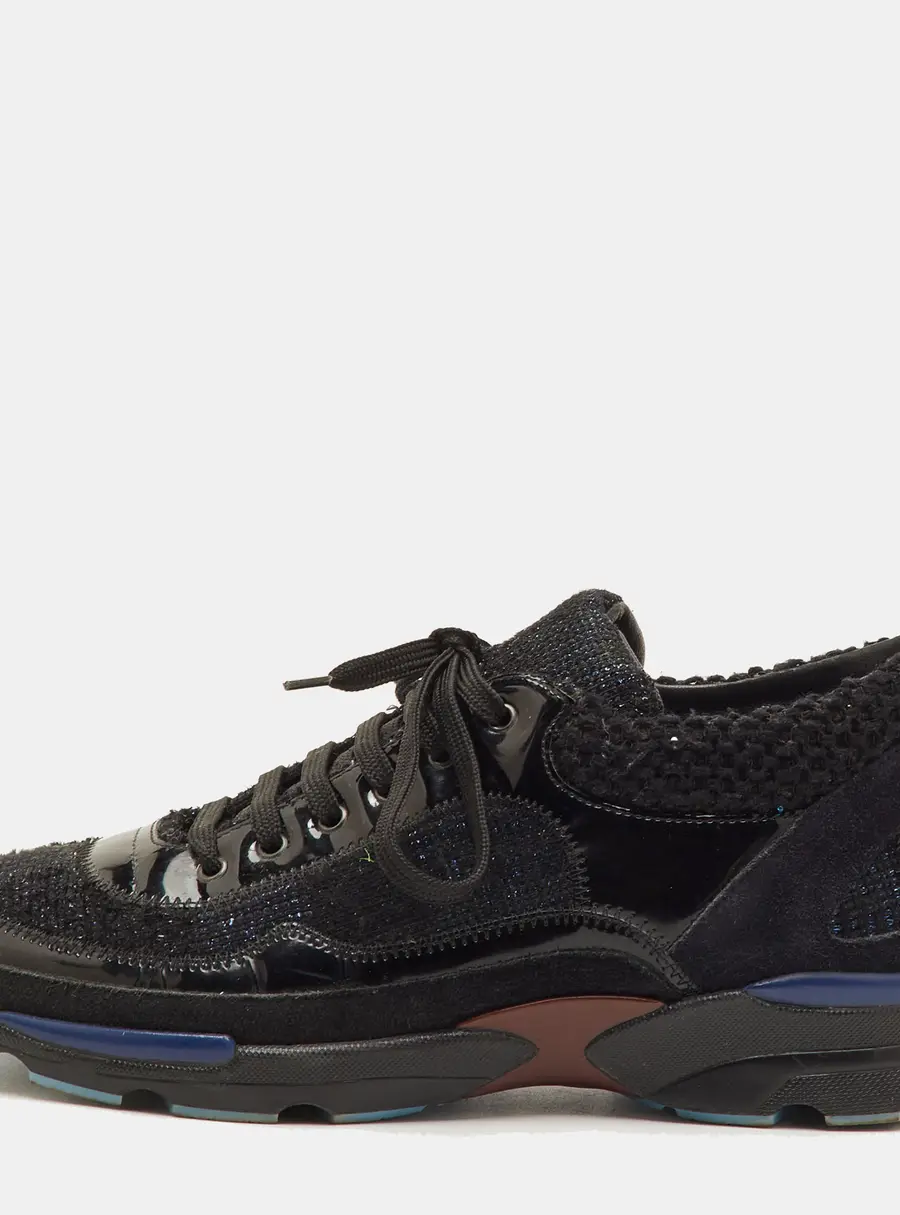 Chanel Size 40 Black Patent Leather, Suede and Tweed Low Top Sneakers