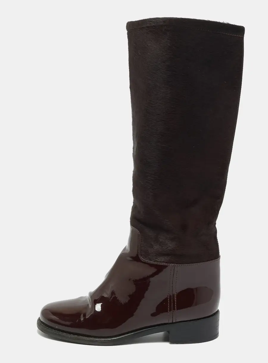 Chanel CC Size 36 Burgundy Calf Hair And Patent Leather Mid Calf Boots
