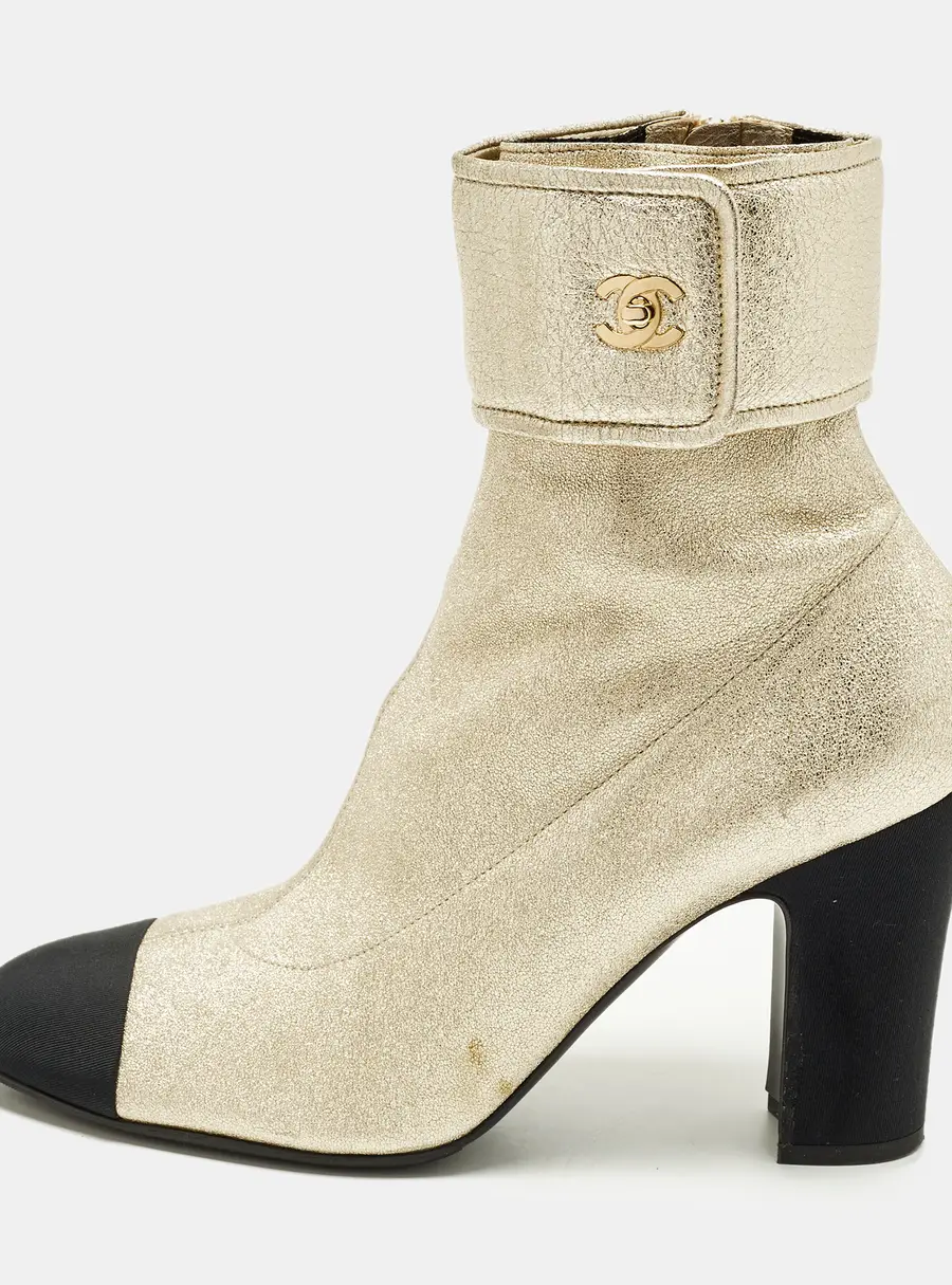 Chanel CC Size 41 Gold/Black Canvas and Leather Ankle Length Boots