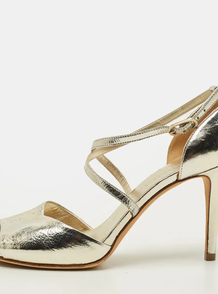 Chanel CC Size 38 Metallic Gold Leather Ankle Strap Sandals