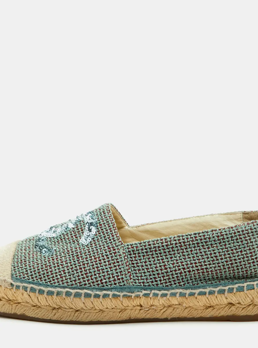 Chanel Size 39 Green/Beige Knit Fabric CC Sequins Espadrille Loafers