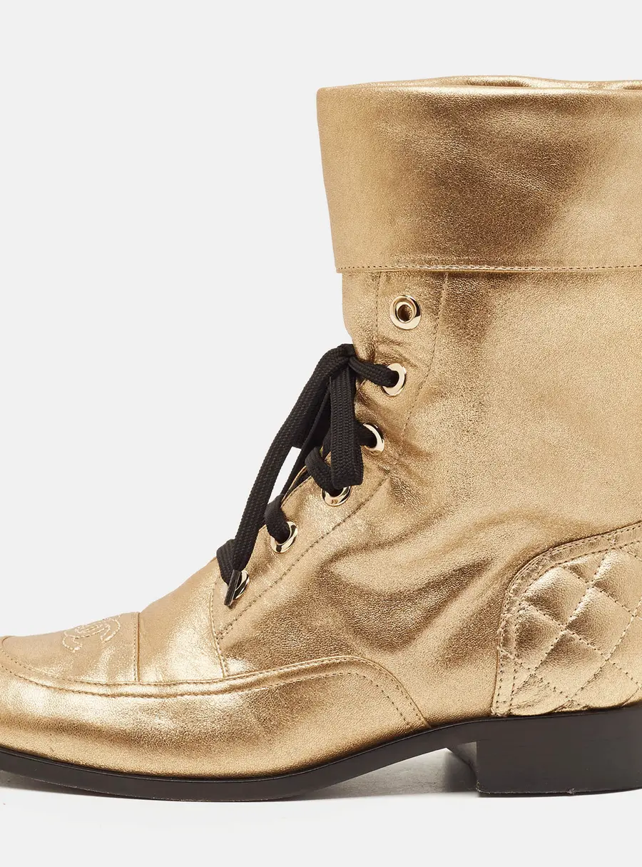 Chanel Size 39 Gold Leather Combat Boots