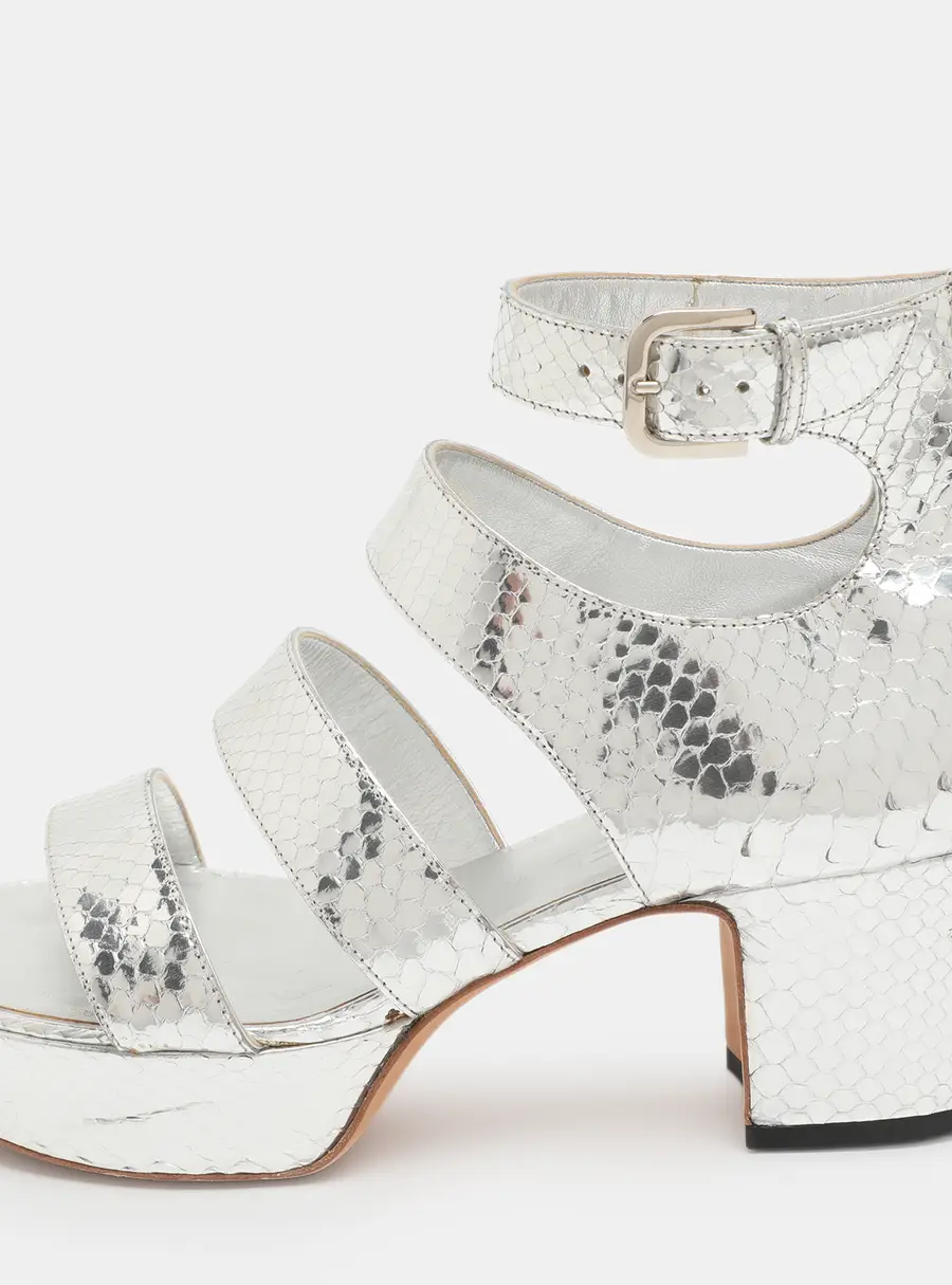 Chanel Size 38 Silver Python Leather Platform Sandals