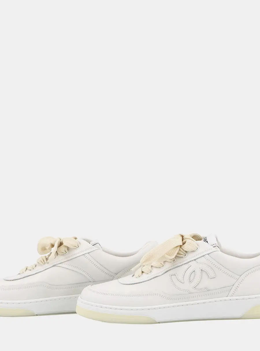 Chanel Cc Logo Leather Sneakers White Leather Size 38