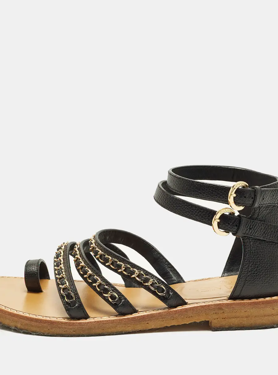 Chanel Chain Around Size 39.5 Black Leather Ankle Strap Sandals