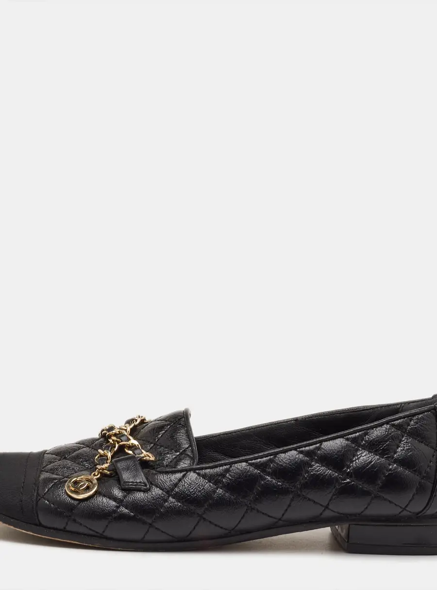 Chanel Size 36 Black Leather and Fabric CC Cap Toe Chain Link Loafers