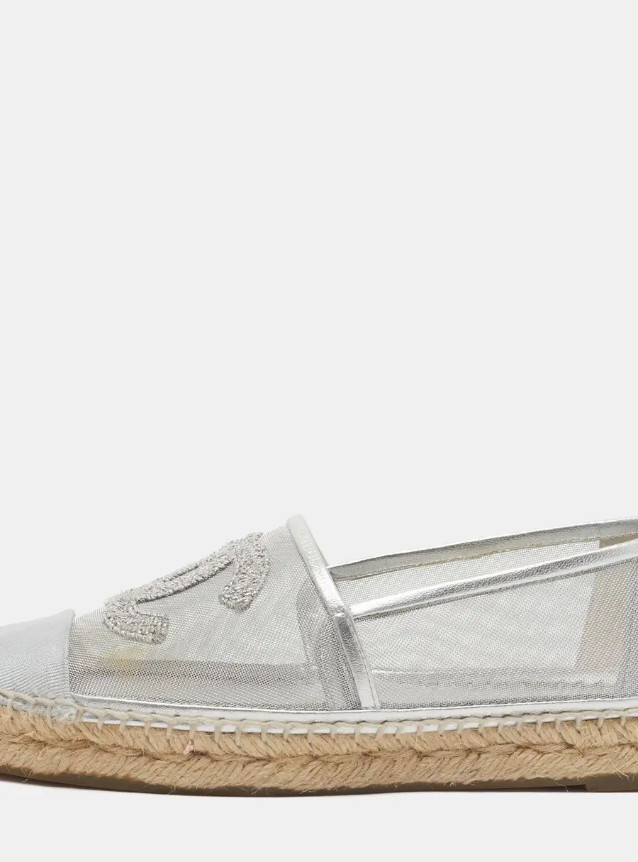 Chanel CC Size 37 Silver Fabric and Net Cap Toe Espadrille Flats