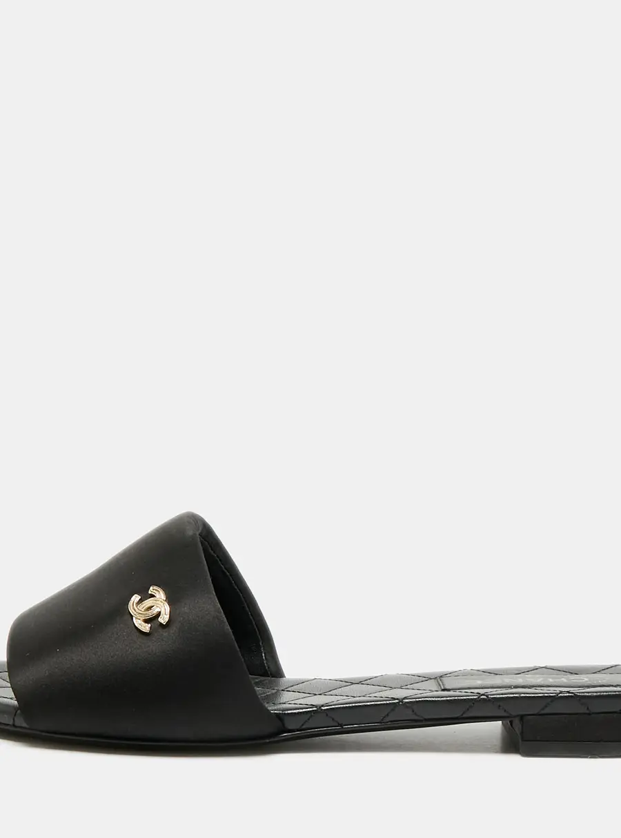 Chanel CC Size 39.5 Black Satin Flat Slides