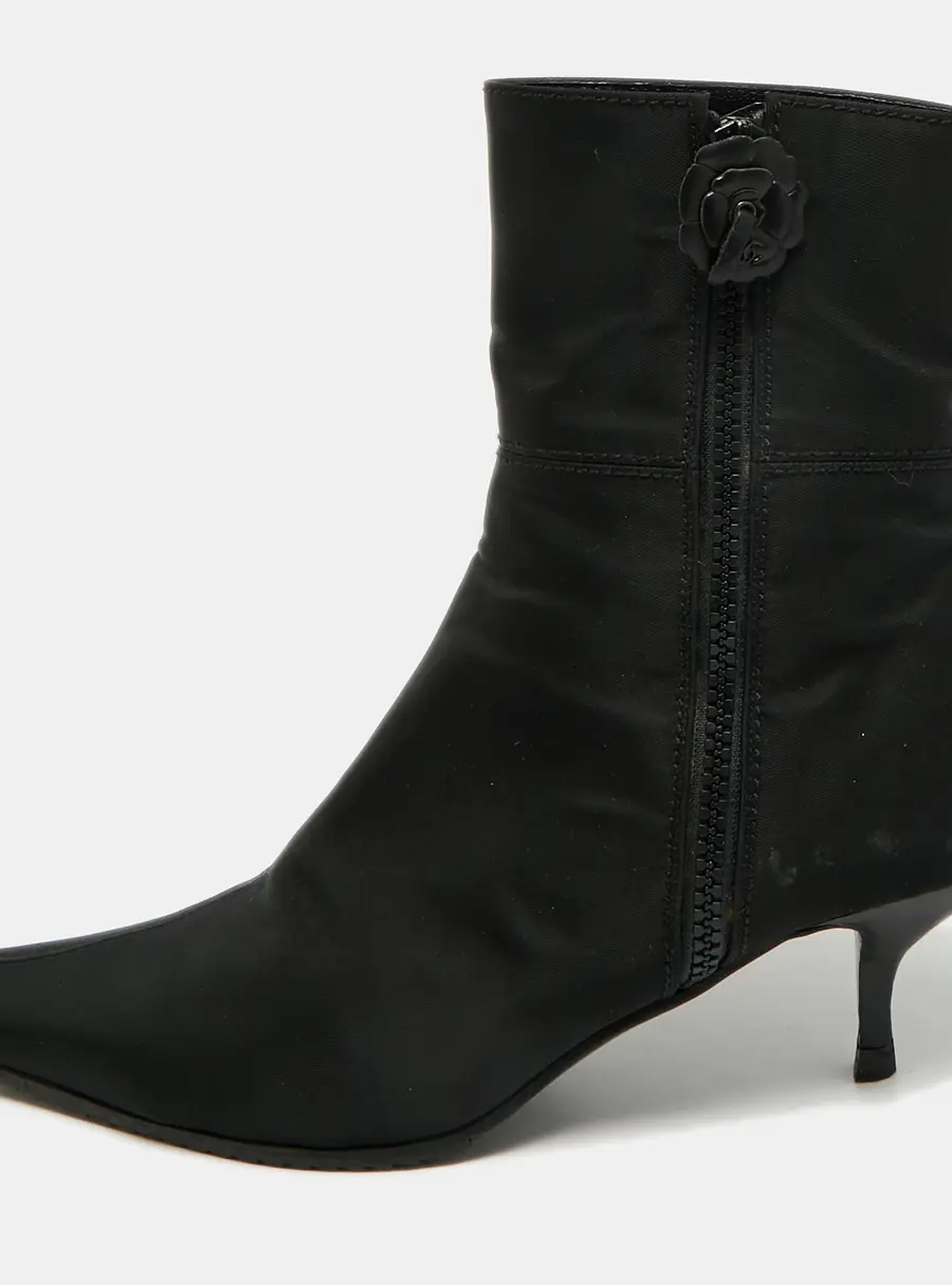 Chanel Size 38 Black Nylon Camellia Flower Zip Ankle Length Boots