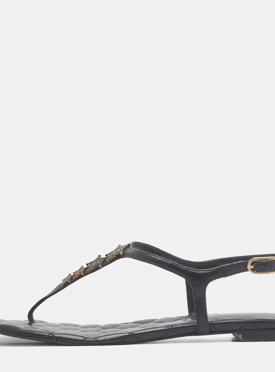 Chanel CC Size 38 Black Suede Thong Ankle Strap Flats