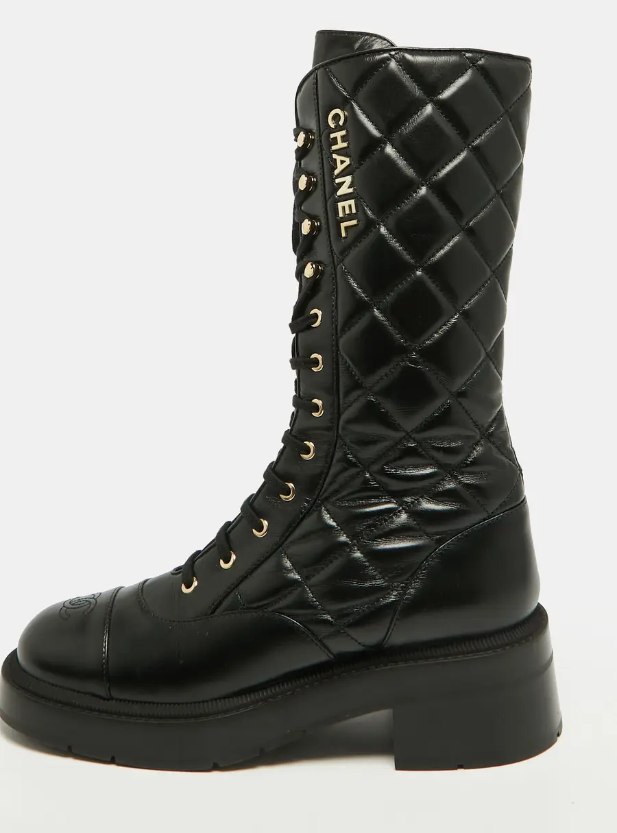 Chanel CC Size 41 Black Quilted Leather Combat Boots
